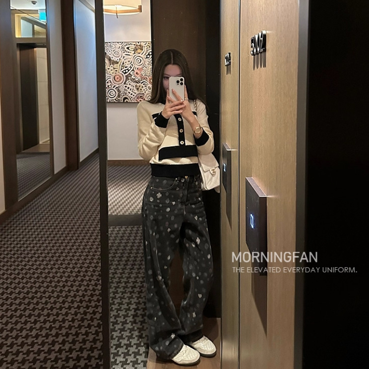 Good Morning Fan Fan, Full Details! 25B Dark Pattern All-Over Printed Jeans Straight Slim Regular/Brushed Trousers