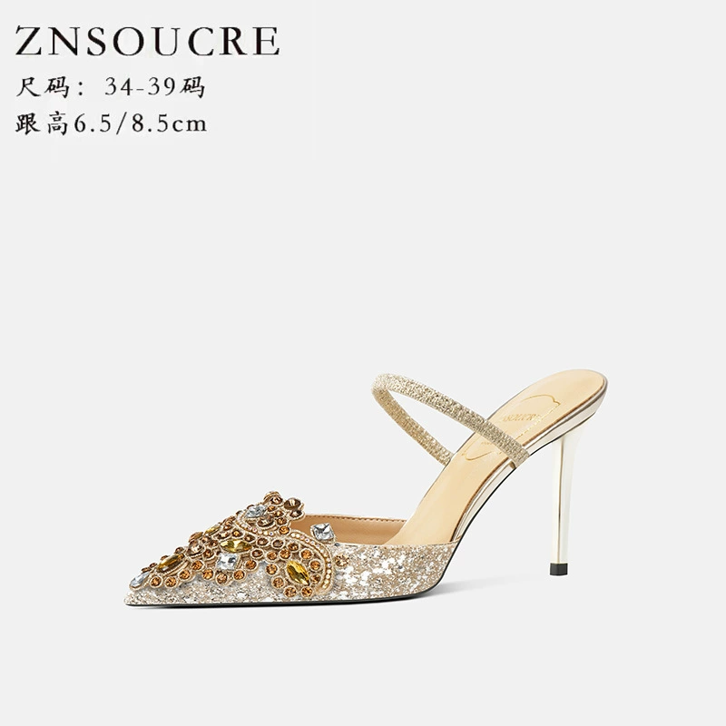 708-91 Легкие роскошные новые стильные босоножки на высоком каблуке из козьей кожи в корейском стиле, модные босоножки на высоком каблуке со стразами, босоножки с острым носком, женские банкетные сандалии