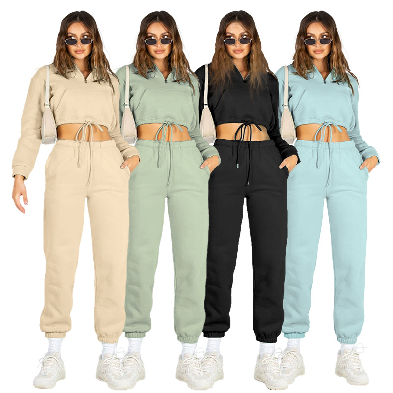 Women's Clothing 2024 autumn and winter solid color stand up collar zipper drawstring navel baring plus velvet sweatshirt casual sweatpants suit_voghion.com
