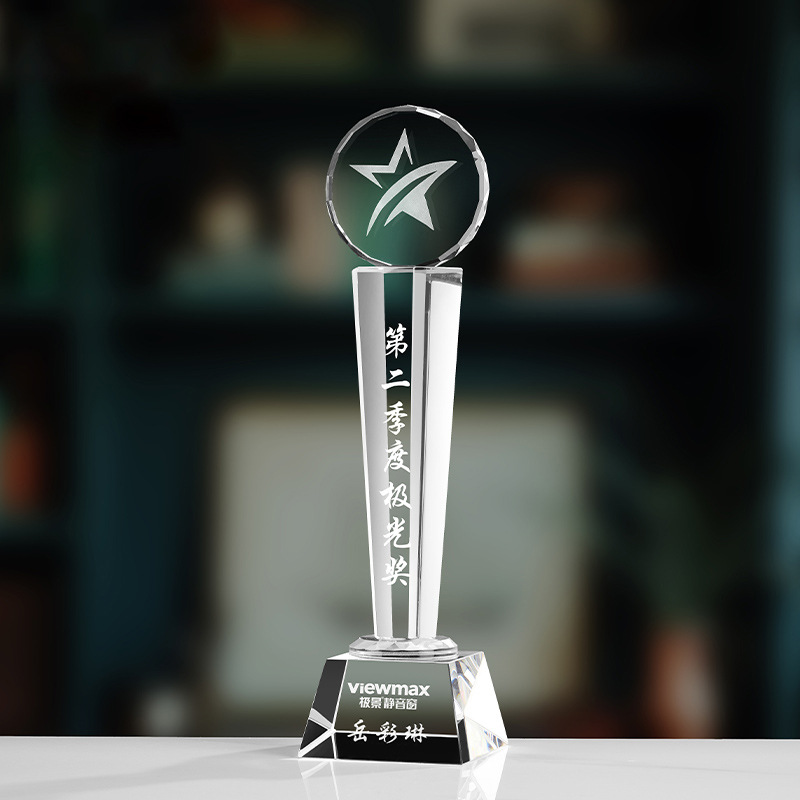 Trofeo de cristal de grabación reunión anual de competición de premios medallas de metal de madera sólida colorido trofeo de cristal impreso