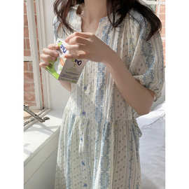 2026新款宽松碎花可爱纱布显瘦家居服短袖睡裙睡衣