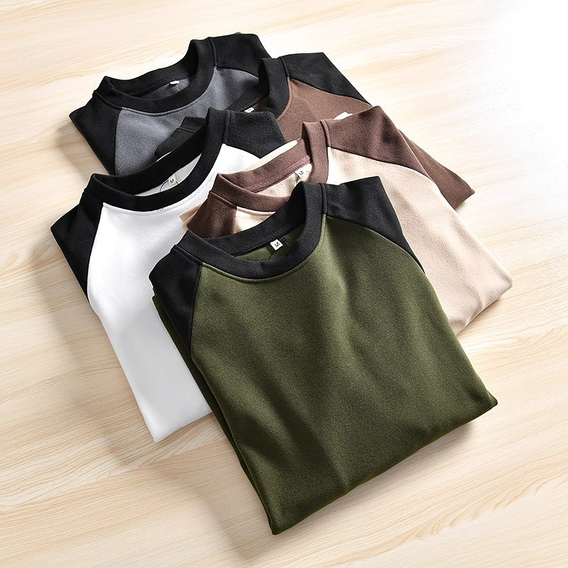 Double-sided Velvet Raglan Long-sleeved T-shirt Men's Autumn and Winter Warm Stitching Contrast Color Base Shirt Loose Round Neck Couple's Top Double-sided Velvet Raglan Long-sleeved T-shirt Men's Autumn and Winter Warm Stitching Contrast Color Base Shirt Loose Round Neck Couple's Top