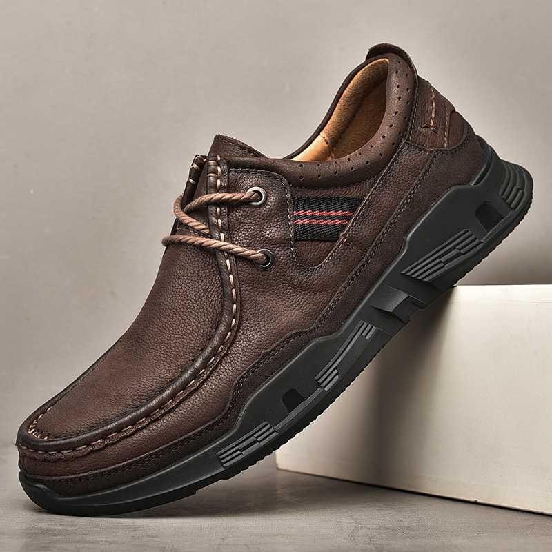 休閒皮鞋男秋季新款真皮厚底寬頭寬腳軟底防滑頭層牛皮男鞋爸爸鞋