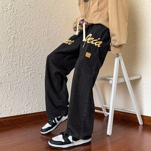 American Street Pop Letter Denim Jeans for Men - Spring and Autumn New Streetwear Loose Straight Leg Wide Leg Long Pants