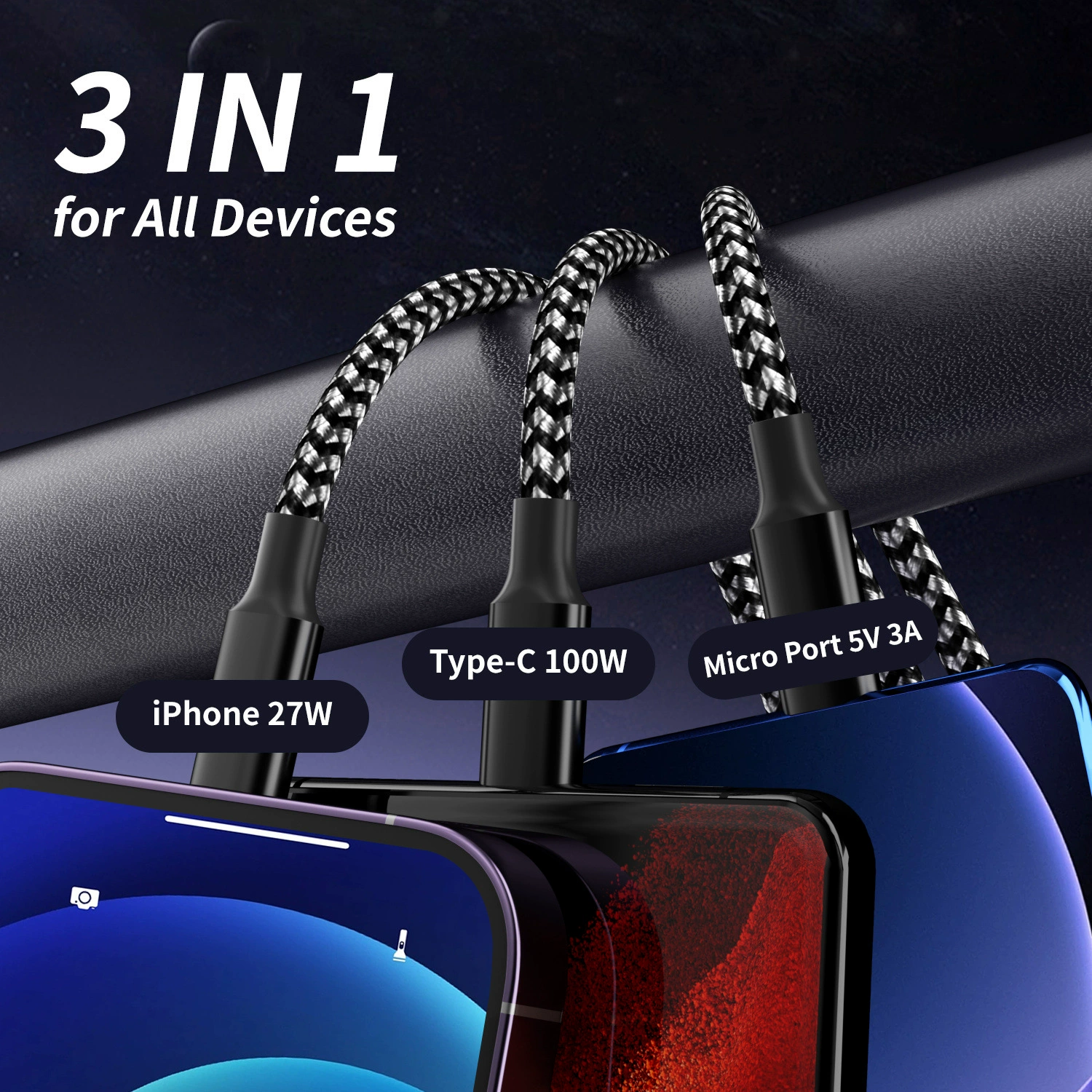 Набор 8 шт. 3-в-1 кабель для быстрой зарядки: Type-C, USB и Micro USB