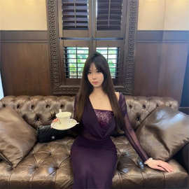 御姐性感辣妹紫色抹胸拼接网纱连衣裙气质感显身材收腰包臀裙