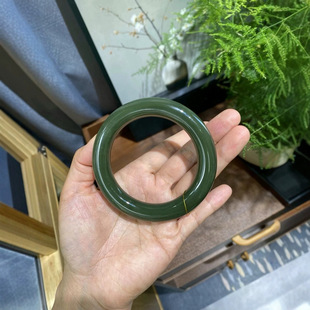 Jinyutang Xinjiang Hetian Jade Oil Green Fat Round Bar Fat Powder Fine Oily Fat Round Lucky Bracelet Ring Mouth 58