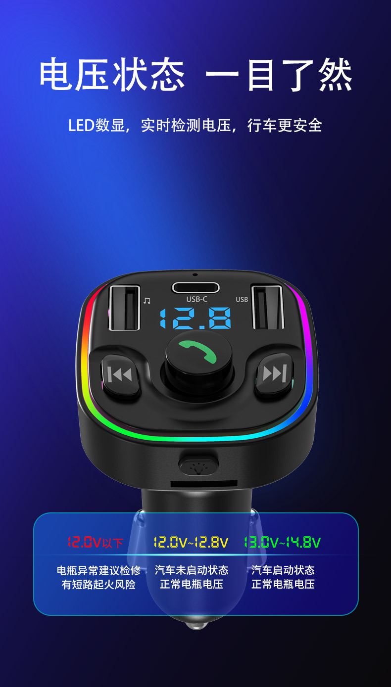 Car Bluetooth MP3 Player Type-C Fast Charging Car Charger Bluetooth Receiver FM Music Transmitter
