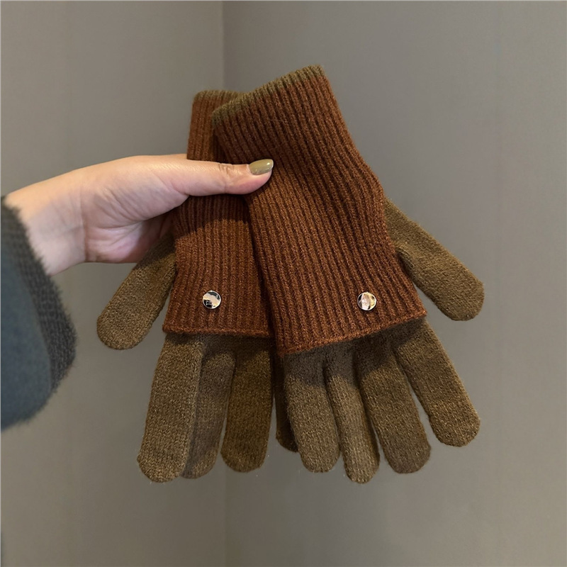 Maillard Winter Dual-Purpose Color-Blocked Knitted Wool Gloves for Women, Woolen Fingerless Touch-Screen Warm Cycling Students