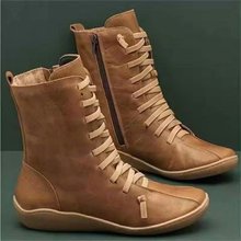 外貿大碼歐美時尚中筒靴子女鞋大碼系帶平跟平底休閑皮靴43