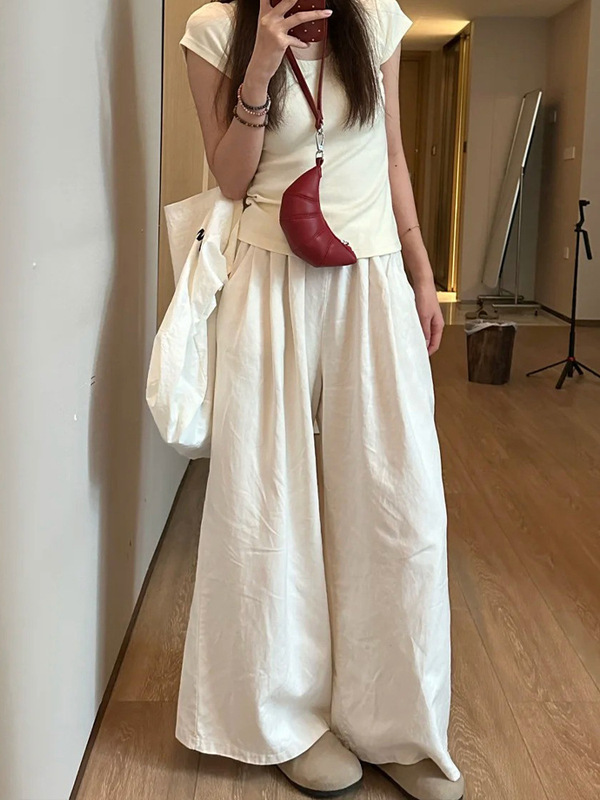 白色阔腿裤宽松bf慵懒风松弛感2025新款女款梨形身材韩系休闲裤子|undefined