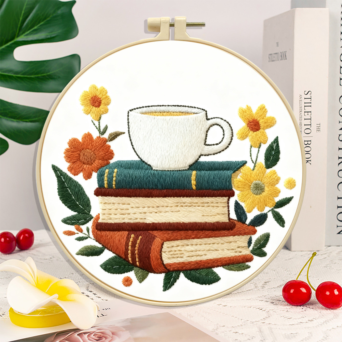 Nuevo paquete de materiales de bordado transfronterizo café con libro incienso decoración de sala de estar DIY set de bordado fábrica cabello recto