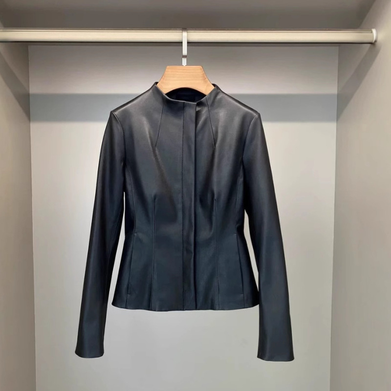 Genuine Leather Jacket Hn5178 Stretch Goatskin Tight-Fitting Simple Slimming Look European and American Sports Motorcycle Jacket