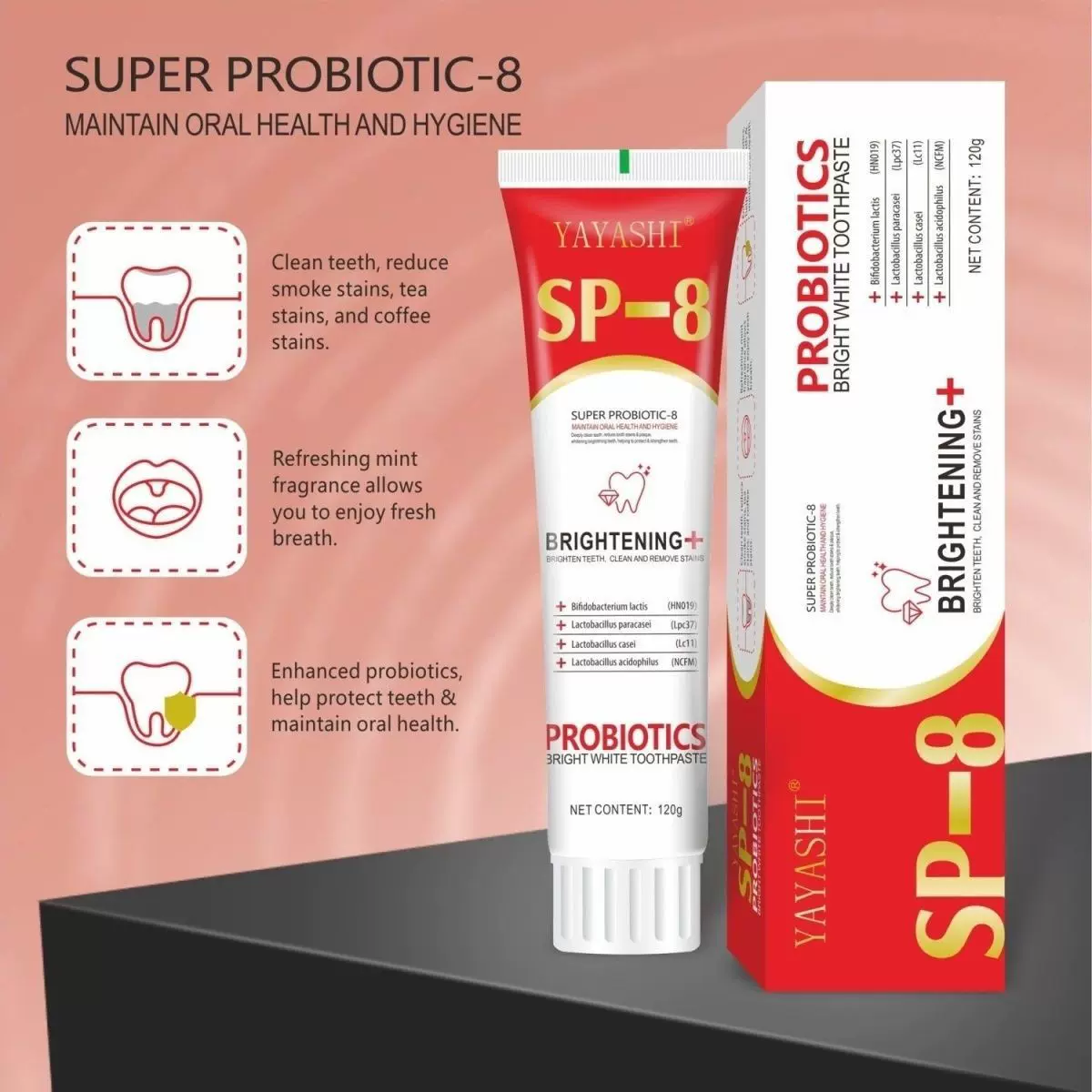 SP8全英文益生菌牙膏清新口气120克跨境外贸电商直播现货一件代发