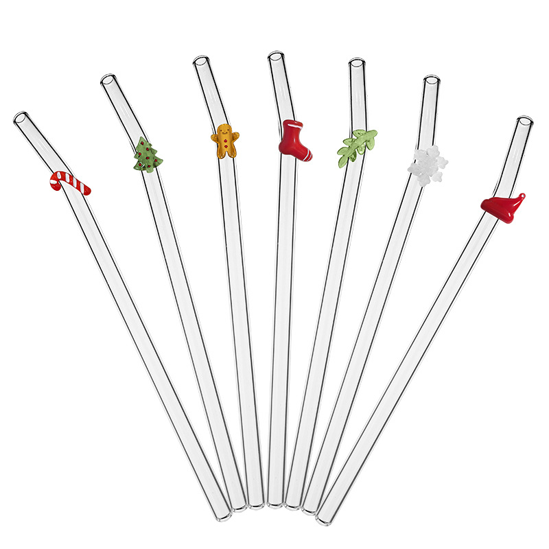 Pajita de vidrio de Navidad, borosilicato, árbol de Navidad creativo, hombre de pan de jengibre, bastón, codo, nuevo conjunto de existencias de fábrica