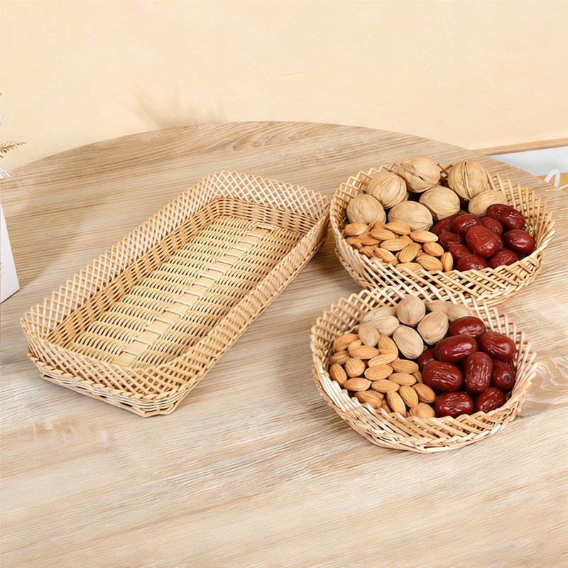 Gordado Donglai en sauce tejido canasta de almacenamiento canasta de frutas supermercado canasta de deliciosos platos fritos color primario canasta de almacenamiento multifuncional