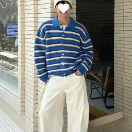 跨境感设计宽松韩版毛衣外搭男秋冬开衫2025新款条纹针织衫外套轻