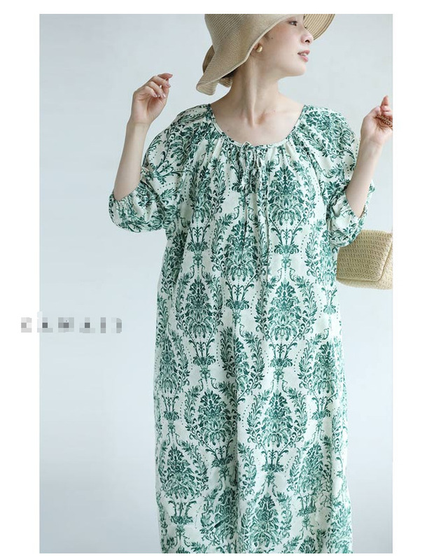 Japanese chic Summer Retro Elegant Round Neck Full Screen Floral Lace-up Loose Lantern Sleeve Dress Women's Long Dress Japanese chic Summer Retro Elegant Round Neck Full Screen Floral Lace-up Loose Lantern Sleeve Dress Women's Long Dress
