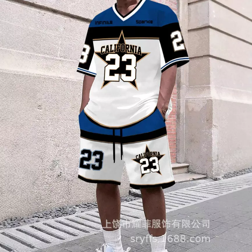 跨境休闲美式运动网眼速干透气高街套头短袖短裤男士套装厂家批发