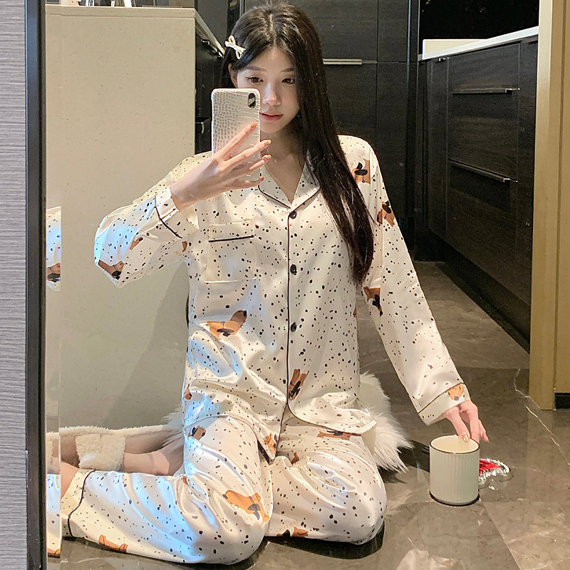 卡通可爱小狗睡衣女秋季新款冰丝薄款长袖丝滑舒适家居服套装批发