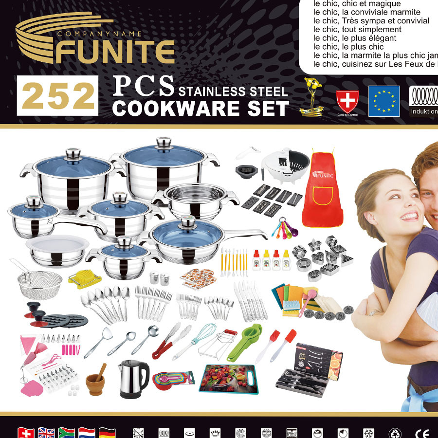 In Stock Funite 252Pcs African Kenya Stainless Steel Cookware Cross-Border Stainless Steel Set Pot Cookware