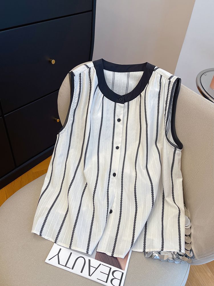 感条纹薄款无袖衬衫女年夏季新款宽松撞色小个子背心上衣