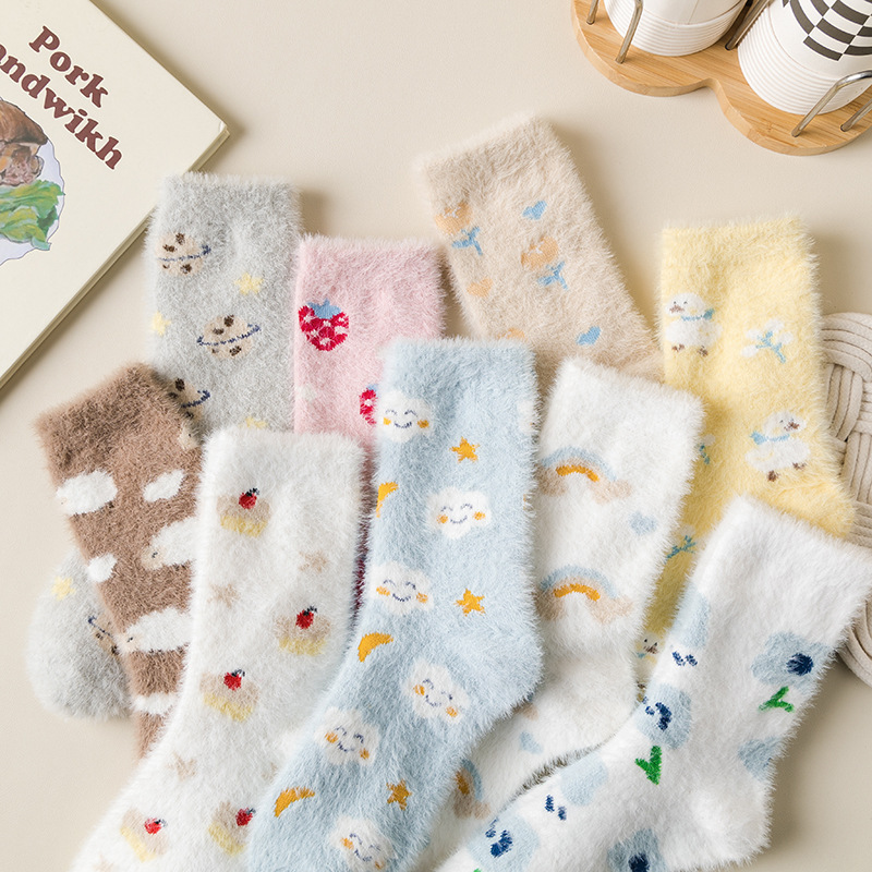 Zhuji Mink Velvet Socks for Women in Autumn and Winter Thickeneded Velvet Warm Mid-Calf Socks Cartoon Fruit Home Floor Confinement Socks Zhuji Mink Velvet Socks for Women in Autumn and Winter Thickeneded Velvet Warm Mid-Calf Socks Cartoon Fruit Home Floor Confinement Socks