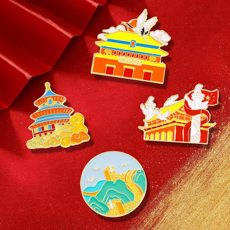 欧美北京旅游纪念章天堂天安门八达岭长城国风合金滴油小徽章胸针
