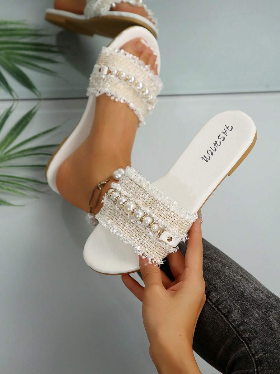 Sandalias Planas con Perlas para Mujer de Cuero Sintético, Resistente al Desgaste, para Uso Diario image 7