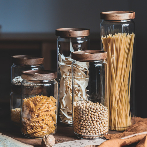 Coffee bean sealed jar kitchen glass bottle storage jar acacia wood with lid grains dried fruit tea storage jar