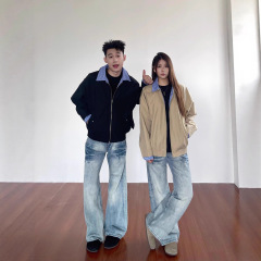 2025秋季新款miu系卡其色哈灵顿复古假两件学院风夹克情侣外套女