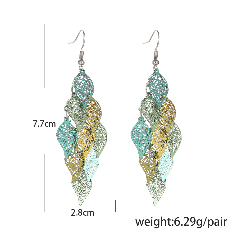 European and American creative metal color leaf splicing tassel diamond earrings