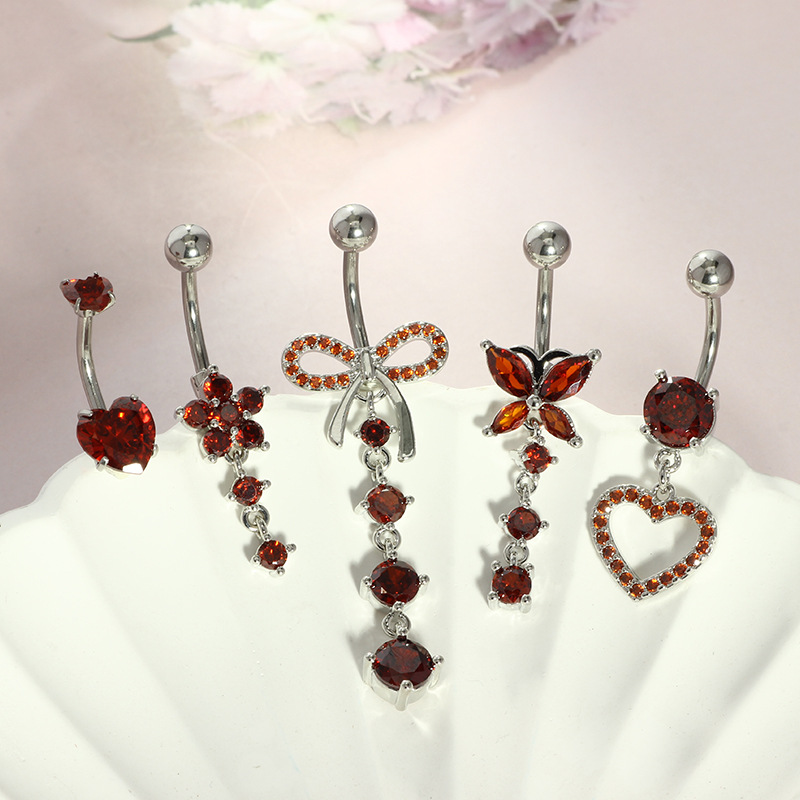 Amazon Hot Selling Gold Pink Zircon 5-Piece Navel Ring Set Stainless Steel Copper Geometric Body Jewelry detail image 6