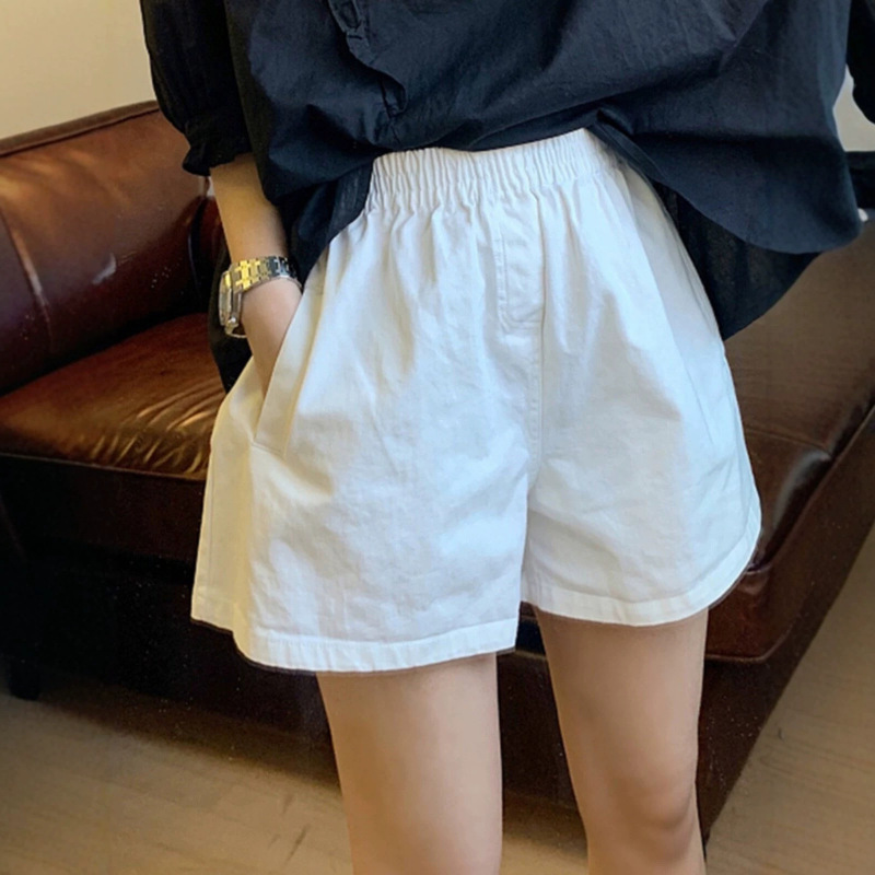 White Shorts for Women, Summer Thin Style, Casual Elastic Waist, Loose Fit, Suitable for Petite Figures, A-Line High-Waisted Wide-Leg Hot Pants