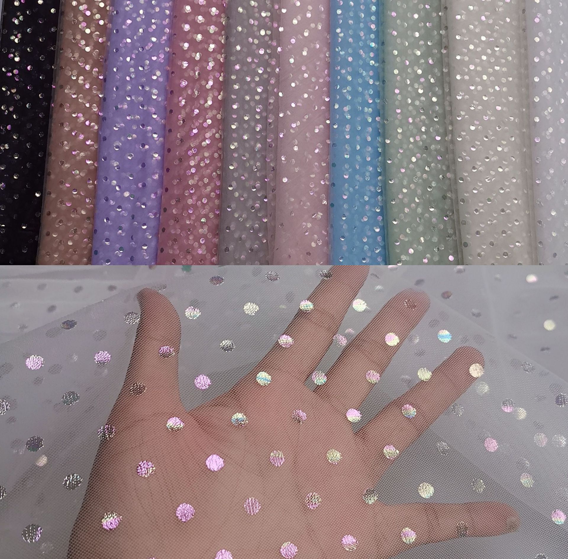 热卖款~仙美款锦特美网纱0.5公分圆点幻彩烫膜 经典花型 童装面料