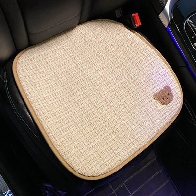 Car seat cushion universal four seasons linen car ventilated seat cushion summer cartoon cute seat cover anti-dirty and permeable women (Seat cushion, seat cover) - cream-bear-linen-cushion-front