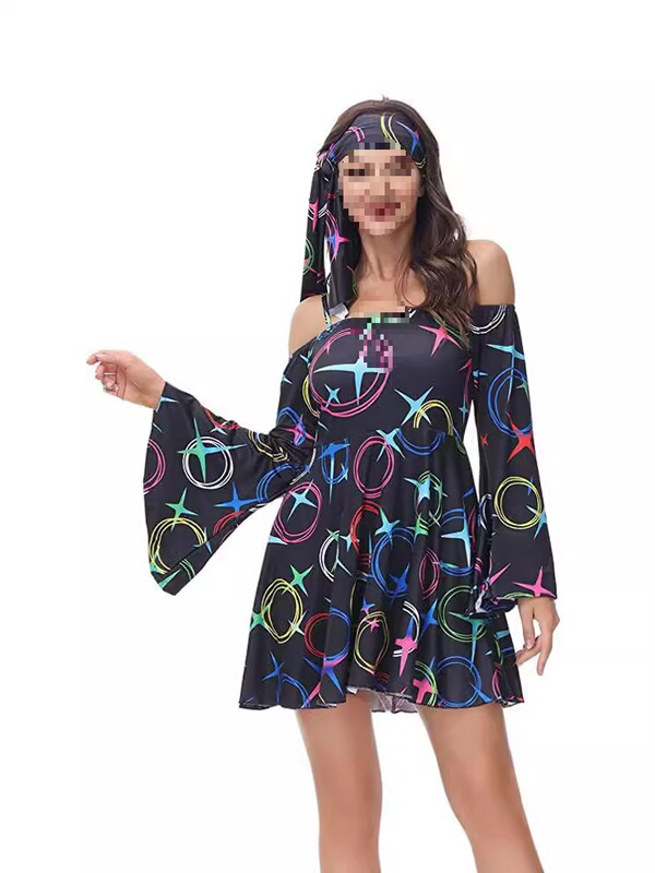 Cross-border Amazon 20.24 million Holy Festival Autumn New Printed dress 70 s Hippie Disco Women's Wear