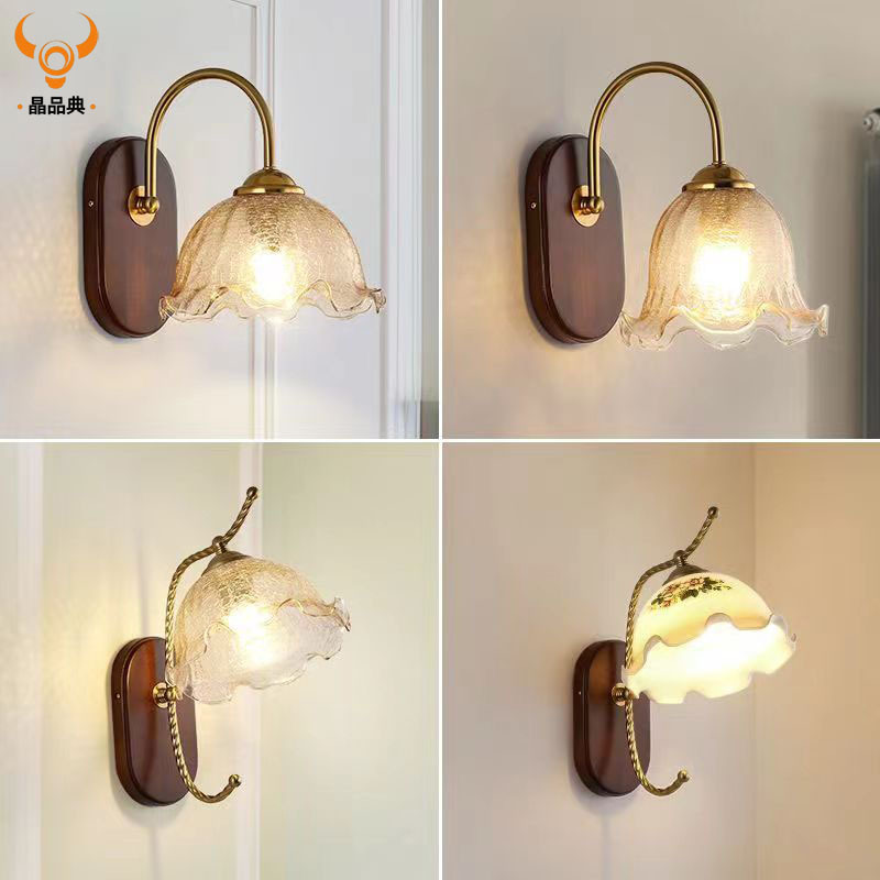 北欧简约卧室床头灯美式复古客厅墙壁走廊过道灯日式实木玻璃壁灯