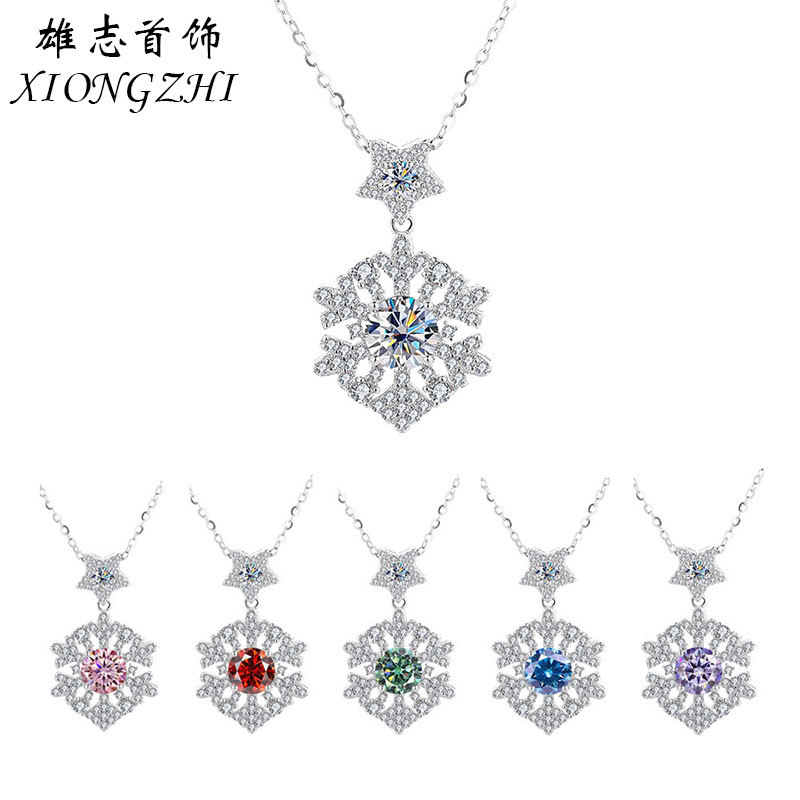 Cross-border New S925 Sterling Silver Mosan Diamond Necklace Women's European and American Color Snowflake Pendant Christmas Gift Clavicle Chain