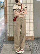 卡其色阔腿牛仔裤女春季新款胖妹妹mm高腰宽松显瘦梨型身材直筒裤