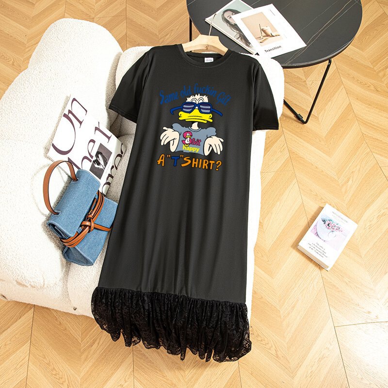 Real Shot # Korean Style Plus-Size Long Dress for Women, Loose Summer Outfit, Long Over-The-Knee Lace T-Shirt Dress, Trendy.