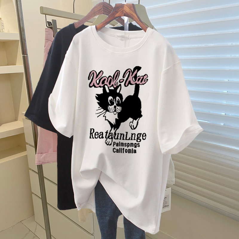 サメパンツ付き純綿半袖Tシャツレディースミドル丈ゆったりカジュアル大きいサイズトップスピンクボトムシャツ夏|undefined