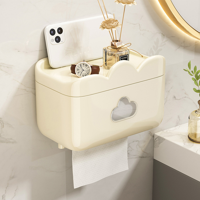 トイレットペーパーボックス家庭用トイレットペーパーボックスパンチフリー壁掛けロール紙収納ペーパーボックスクリーム|undefined
