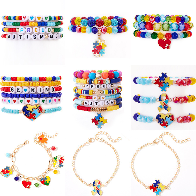 Autism Awareness Themed Bracelet Lively and Cute Ribbon Heart Puzzle Crystal Emotional Expression Charity Accessory Autism Awareness Themed Bracelet Lively and Cute Ribbon Heart Puzzle Crystal Emotional Expression Charity Accessory