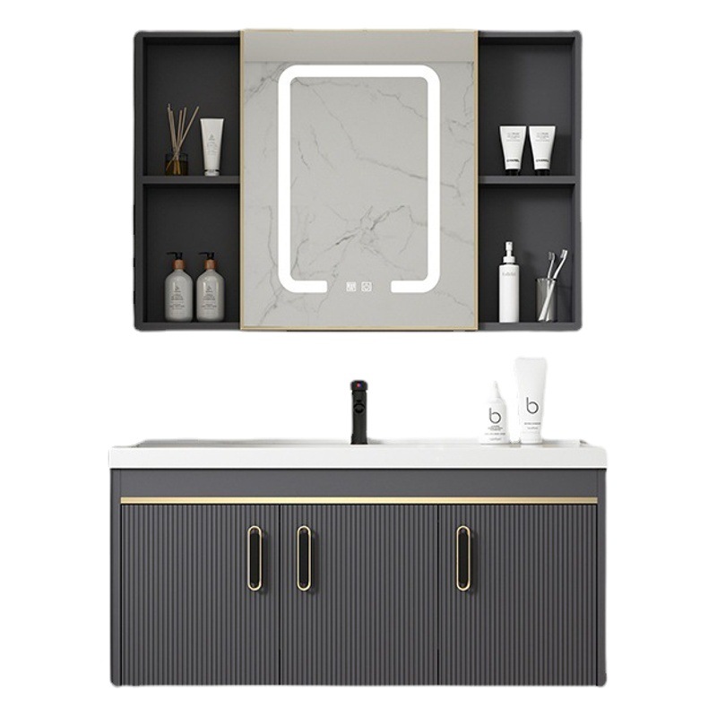Gabinete de baño de aluminio de espacio de lujo ligero baño moderno minimalista integrado lavabo de cerámica gabinete combinación Placa de roca mesa de lavado
