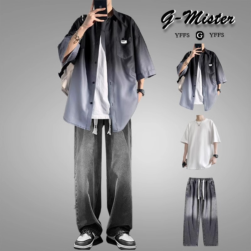 Casual Suit for Men, Summer Trendy Cool Outfit, Ice Silk Short-Sleeved Shirt for Men, Cool and Stylish Outfit with Jeans Casual Suit for Men, Summer Trendy Cool Outfit, Ice Silk Short-Sleeved Shirt for Men, Cool and Stylish Outfit with Jeans