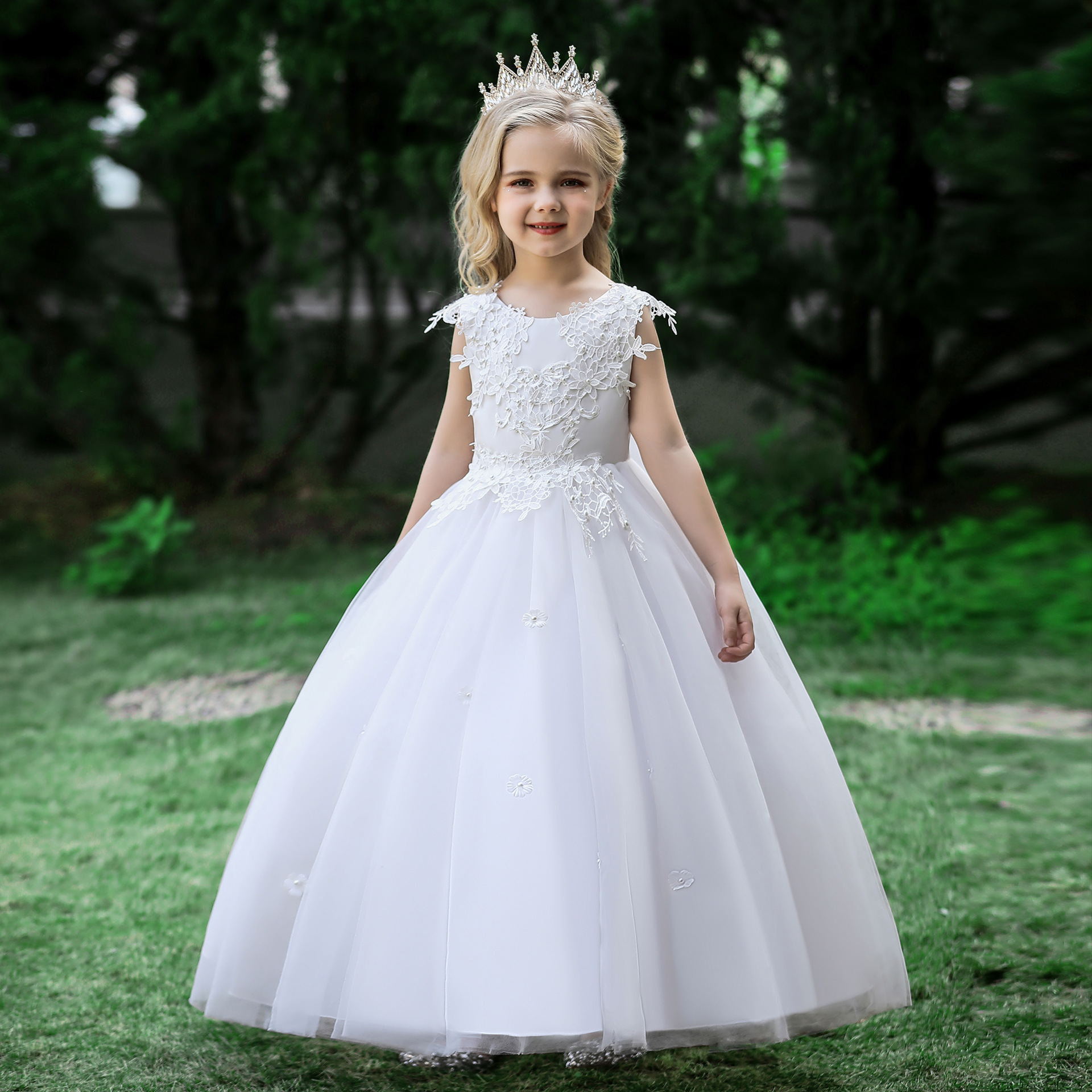 公主禮服女童春夏季婚紗兒童白色花童主持人生日鋼琴演出服新