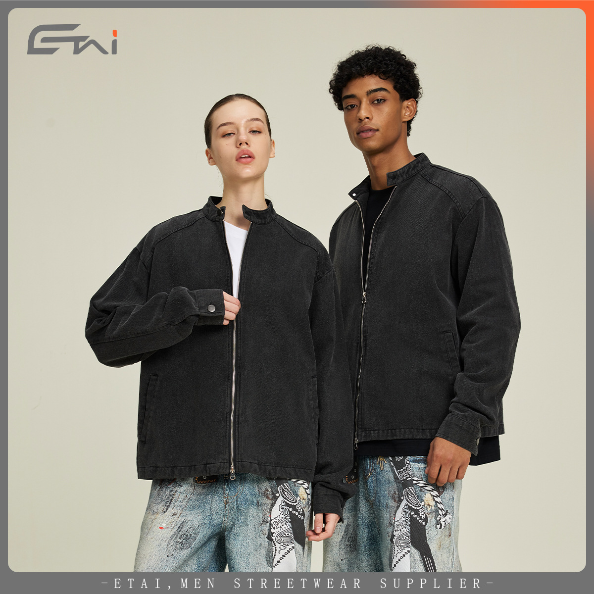 ETAI ropa de hombre nuevo estilo americano retro manga larga chaqueta de cuello para hombre versión corta y ancha marca de maras lavada con agua para hacer chaqueta vieja