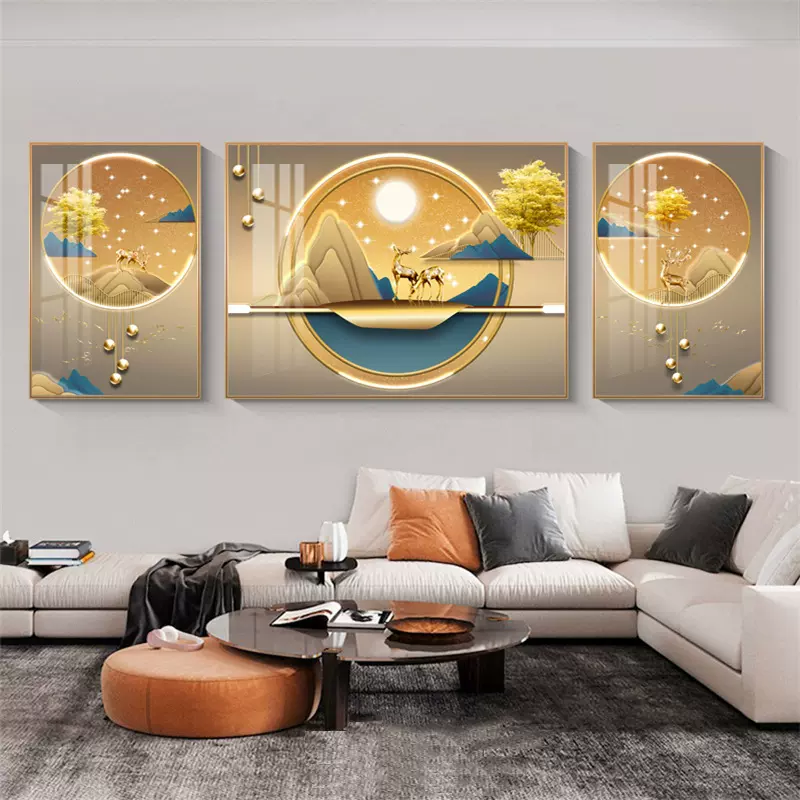 福禄轻奢客厅装饰画沙发背景墙挂画三联画简约现代壁画大气墙画