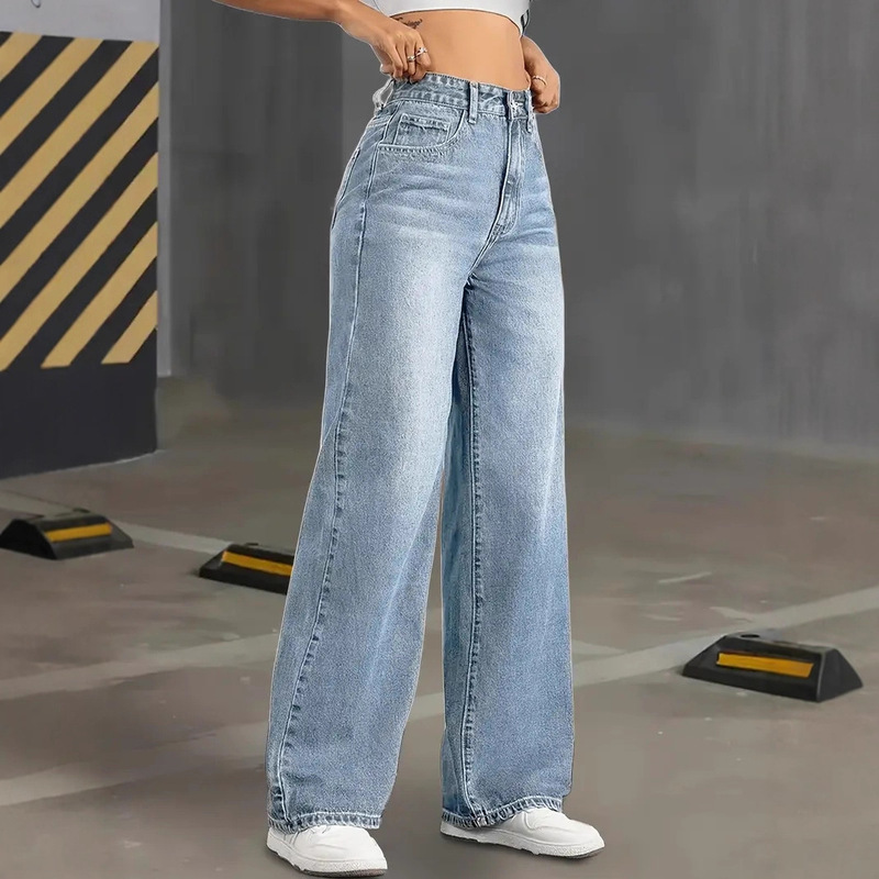 Cross-Border, High-Waisted Straight-Leg Jeans, Light Wash, All-Season Casual Streetwear, Suitable for All Seasons Cross-Border, High-Waisted Straight-Leg Jeans, Light Wash, All-Season Casual Streetwear, Suitable for All Seasons